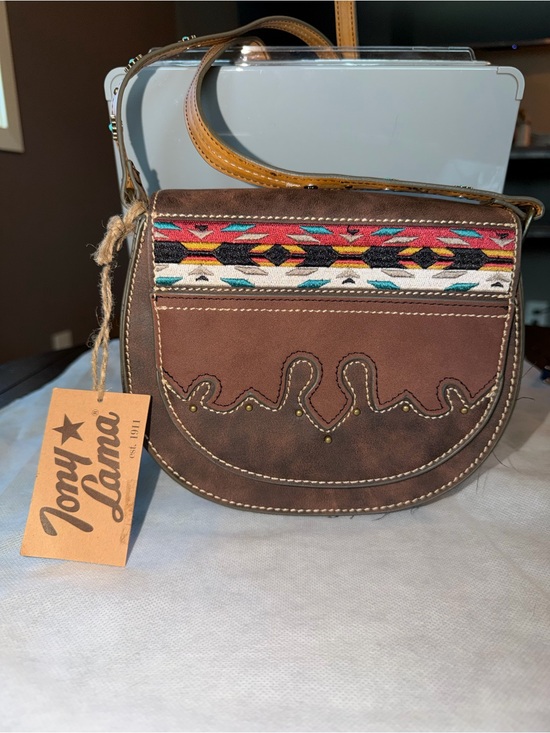 Tony Lama Handbags - Tony Lama Brown Leather Crossbody with Multicolor Aztec Accent